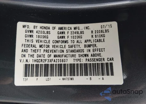 2015 Honda Accord Lx from USA, damaged, VIN 1HGCR2F3XFA235607